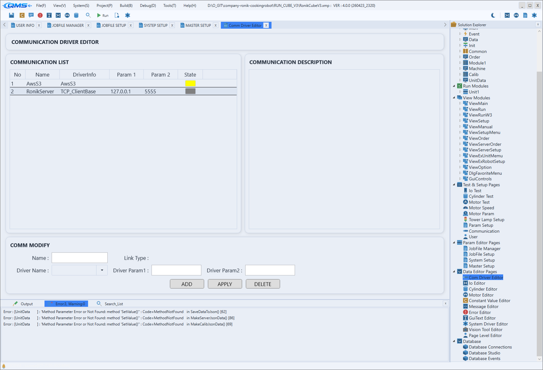 Com Driver Editor screen