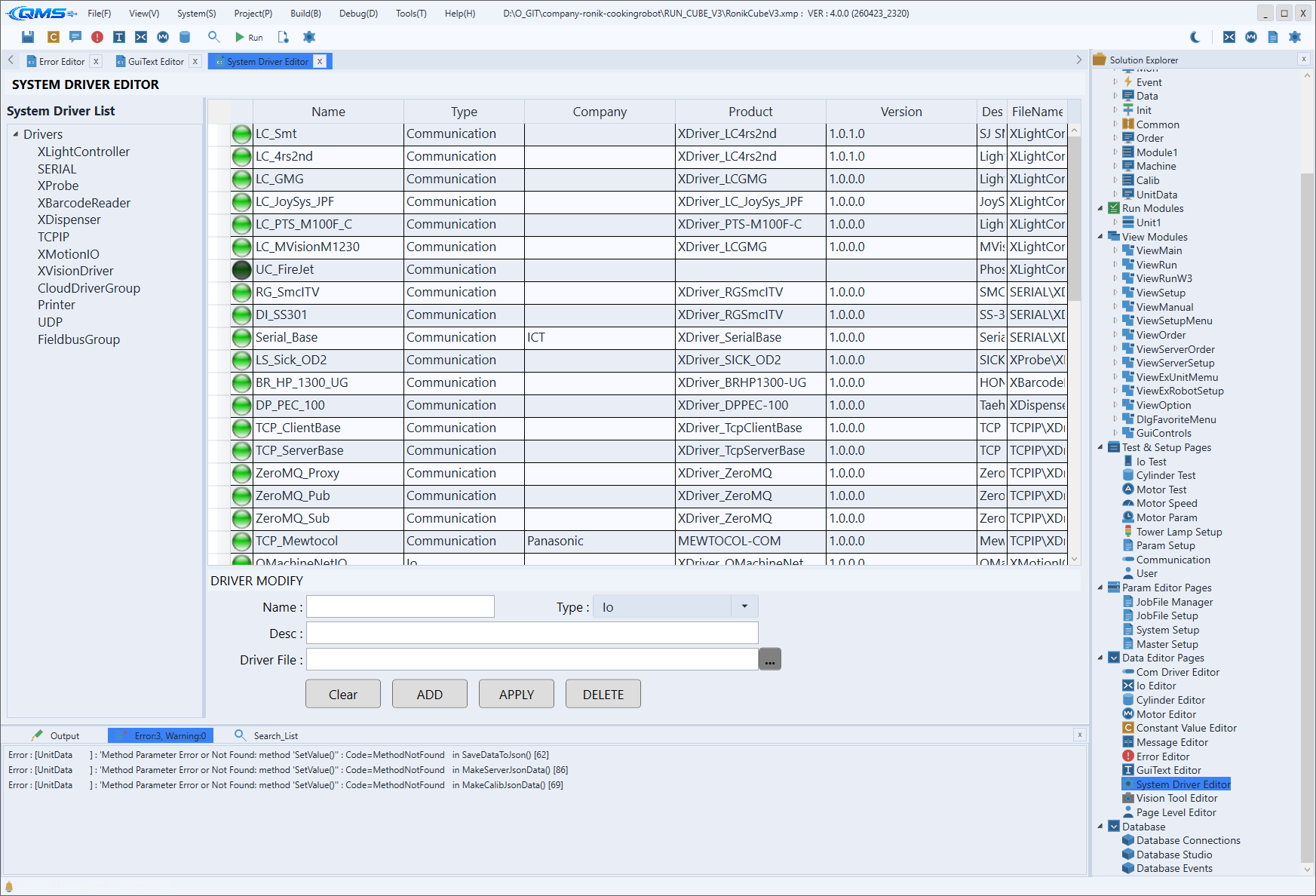 System Driver Editor screen
