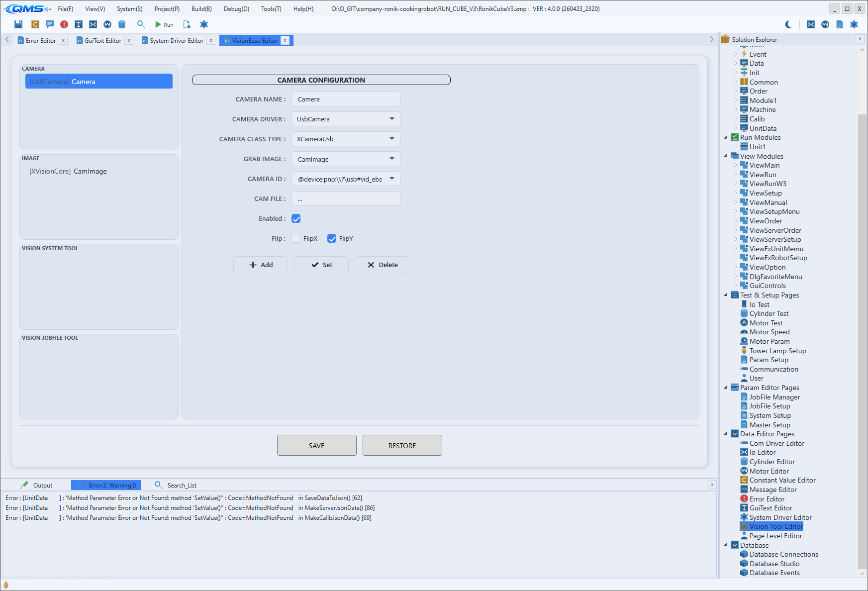 Vision Tool Editor screen